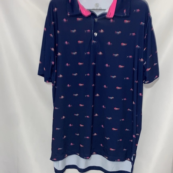 SCALES MENS SIZE LARGE GOLF POLO SHIRT BLUE MULTICOLOR FISH DESIGN  LONGER BACK - Picture 8 of 13